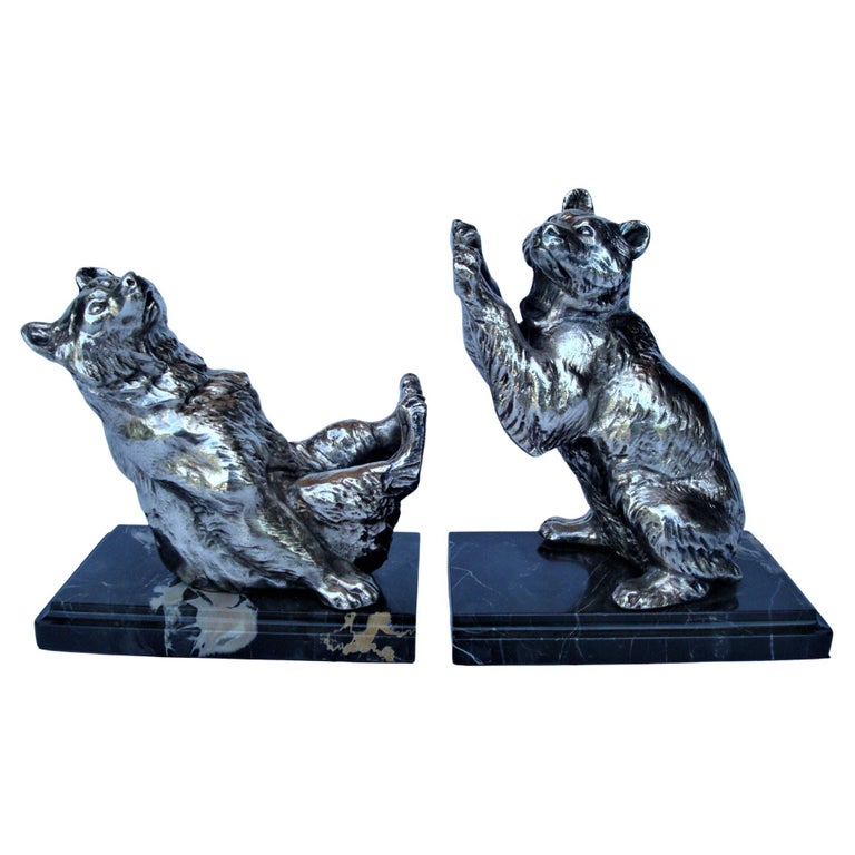 Art Deco Pair of Silvered Metal Playing Bears Bookends, France, 1920's For Sale