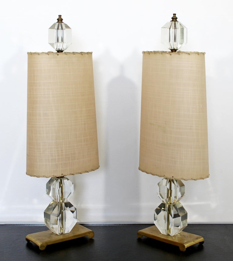 Art Deco Pair of Small Glass Table Lamps with Original Finials and