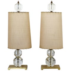 Art Deco Pair of Small Glass Table Lamps with Original Finials and Shades, 1940s
