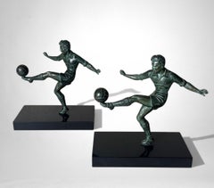 Art Deco Pair Of Spelter Football Player Bookends On Black Marquinia Marble