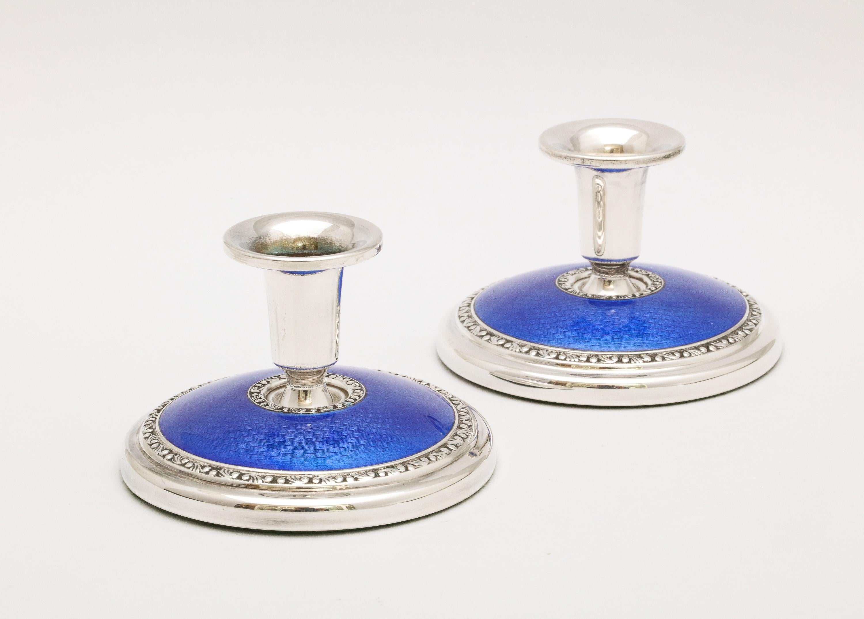 Art Deco Pair of Sterling Silver and Dark Blue Guilloche Enamel Candlesticks 5