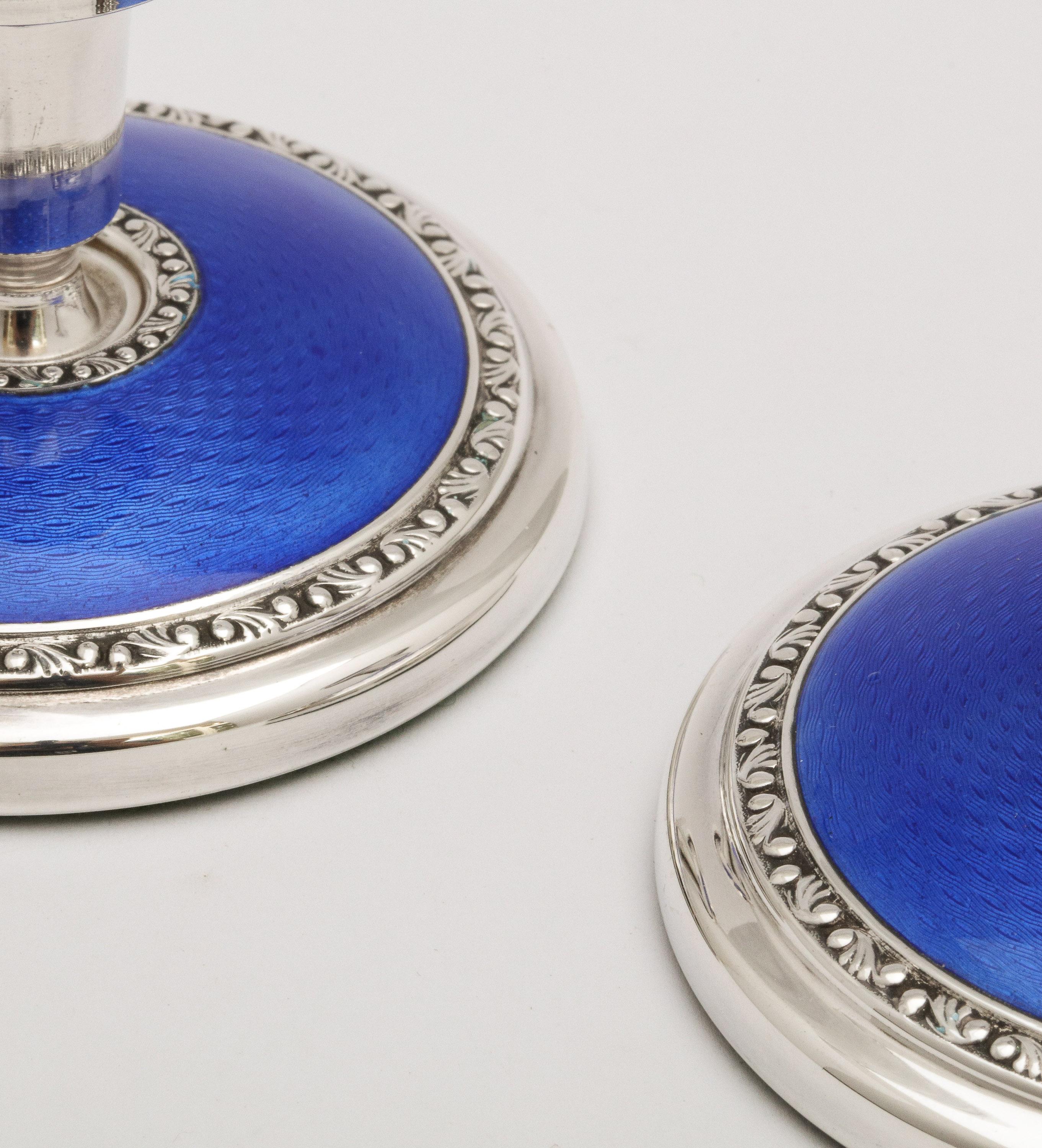 Art Deco Pair of Sterling Silver and Dark Blue Guilloche Enamel Candlesticks 1