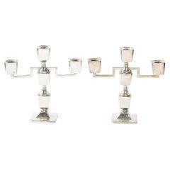 Art Deco Pair of Sterling Silver Streamline Three Arm Candleholders