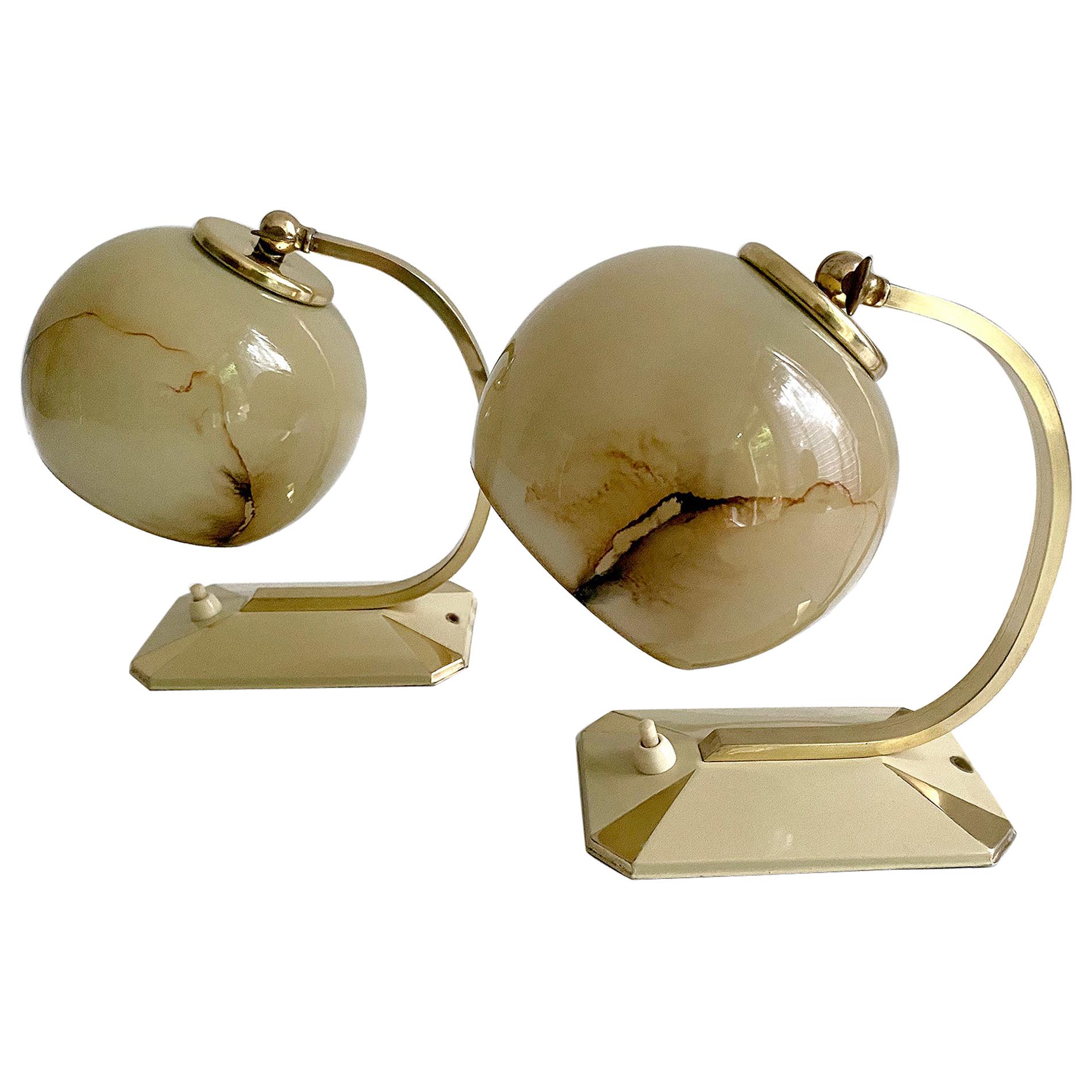 Pair of 1930s Art Deco Bauhaus Table Lamps Lights, Opaline Marble Glass Brass For Sale