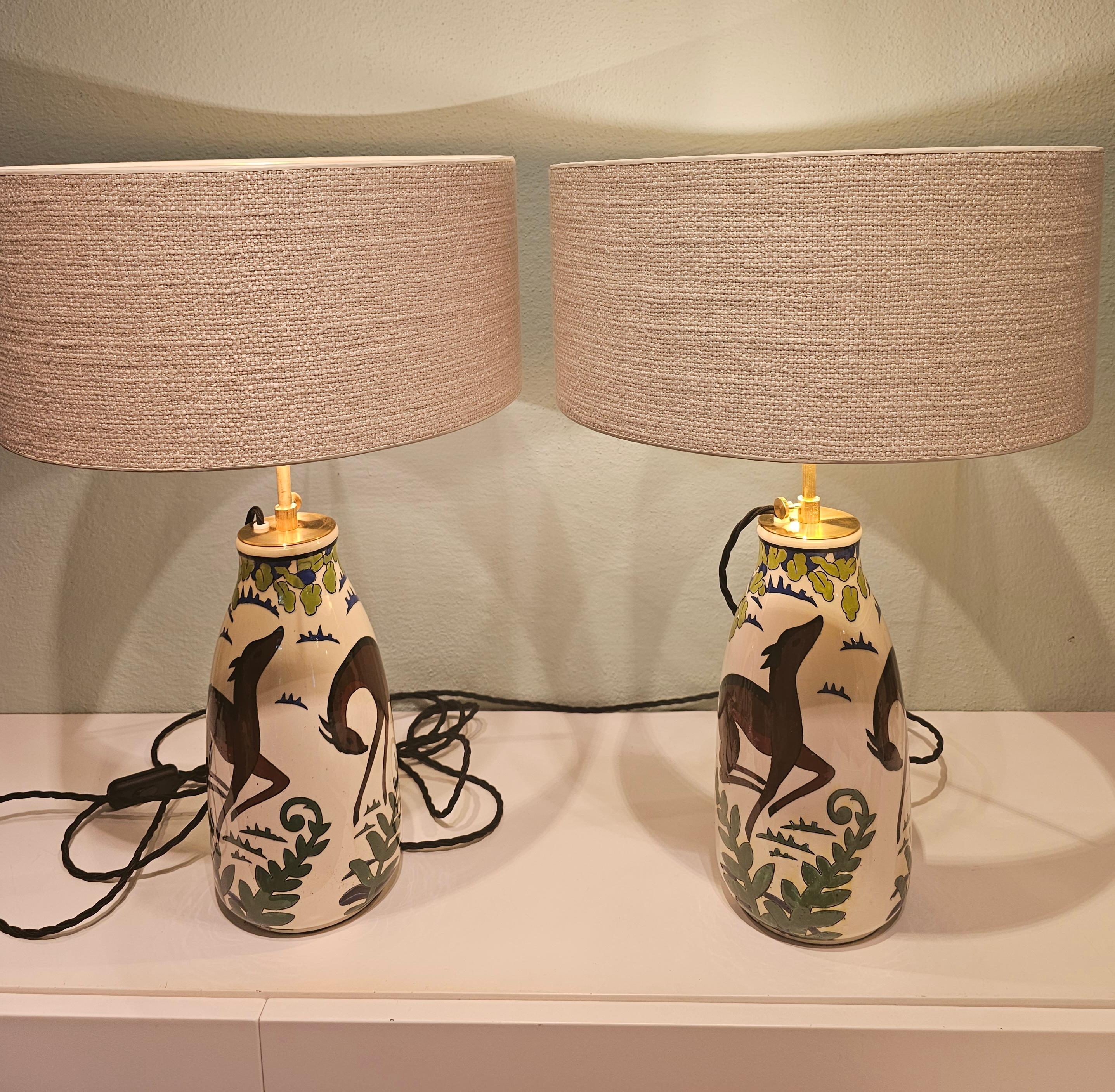Art Deco Paire de lampes de table Poterie Keramis Belgium Black Forest Style en vente 1
