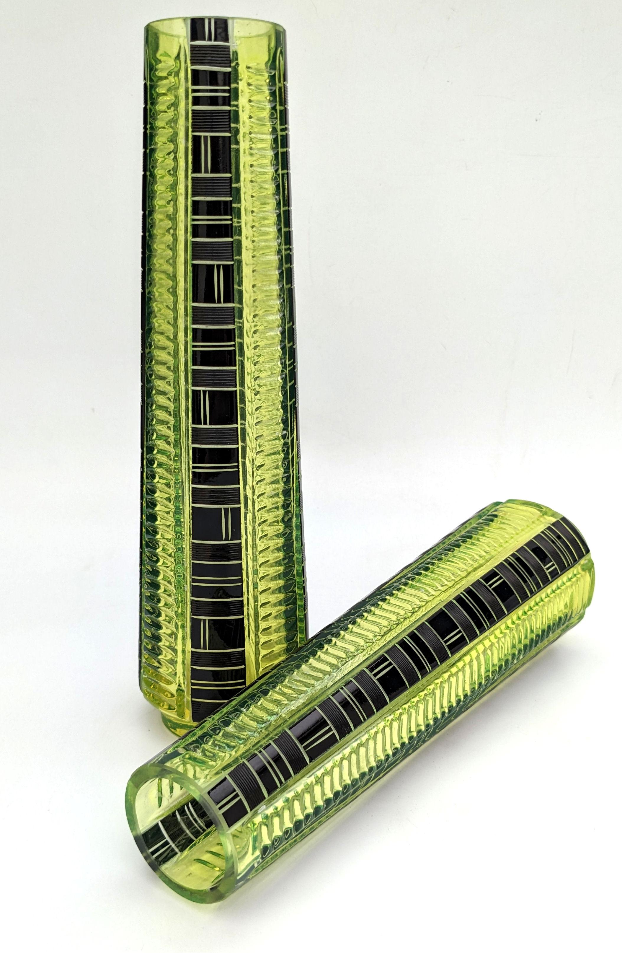 Art Deco Pair Of Tall Uranium Glass Vases By Karl Palda, c1930 In Good Condition For Sale In Devon, England