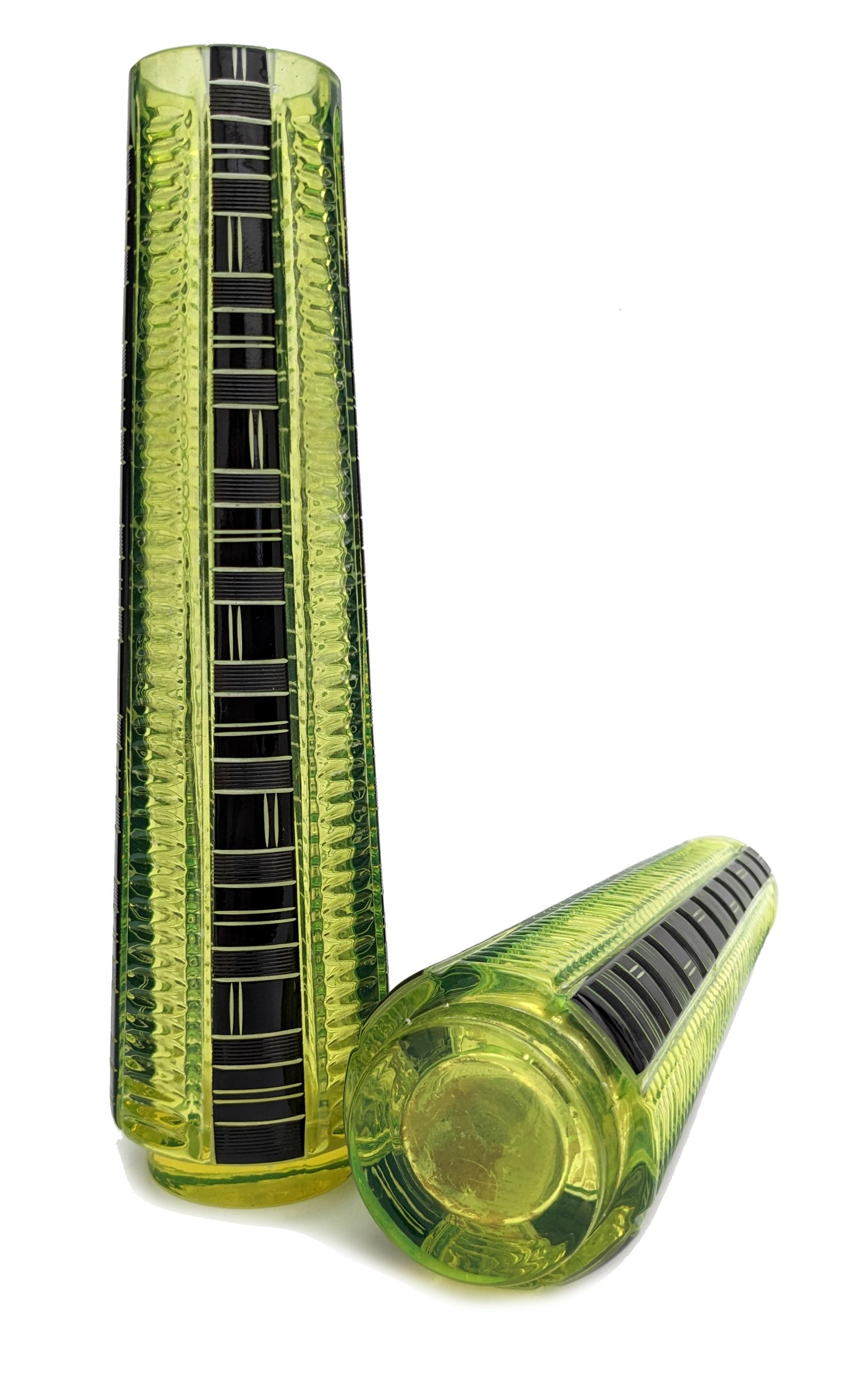 Art Deco Pair Of Tall Uranium Glass Vases By Karl Palda, c1930 For Sale 1