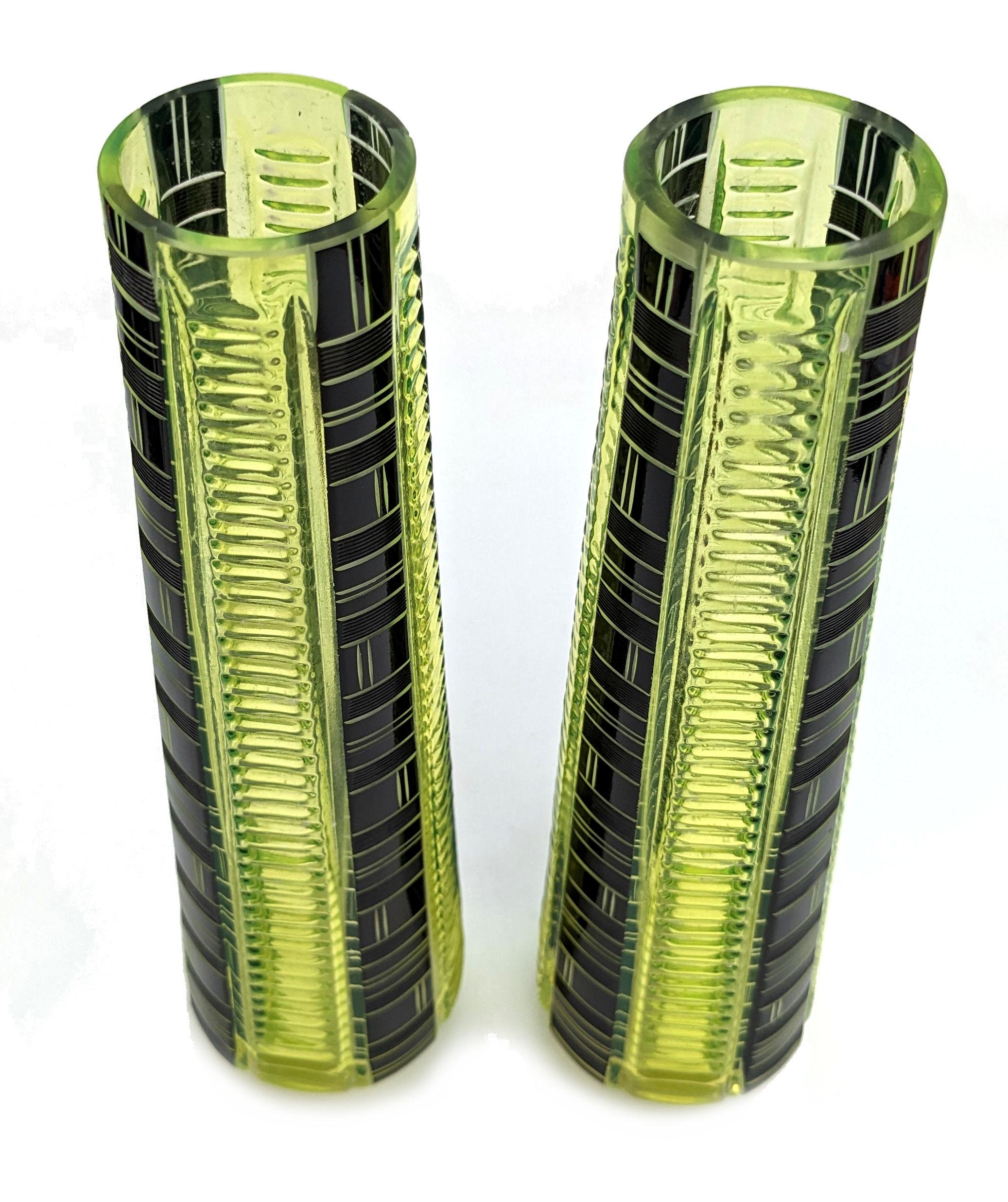 Art Deco Pair Of Tall Uranium Glass Vases By Karl Palda, c1930 For Sale 2
