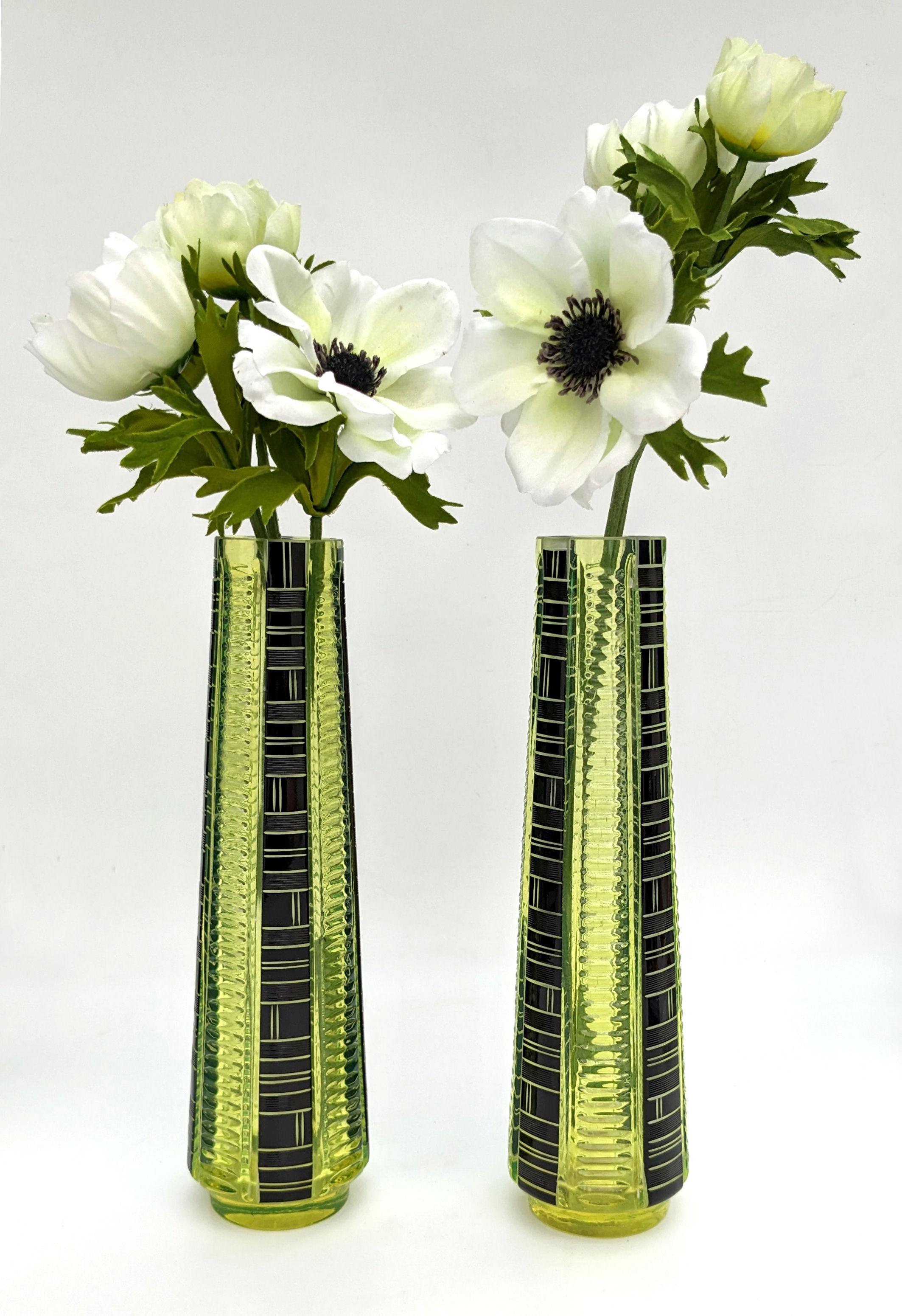 Art Deco Pair Of Tall Uranium Glass Vases By Karl Palda, c1930 For Sale 3