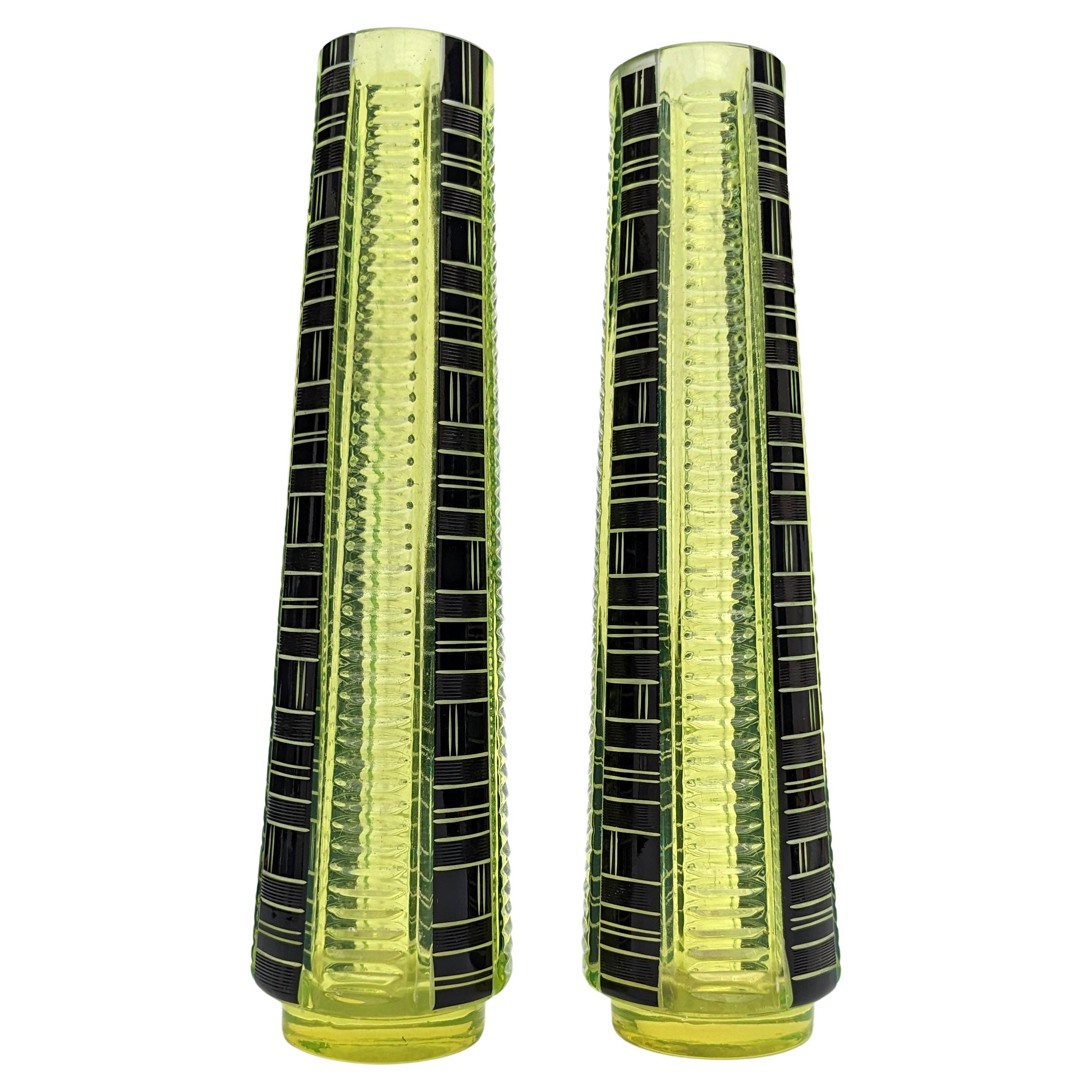 Art Deco Pair Of Tall Uranium Glass Vases By Karl Palda, c1930 For Sale