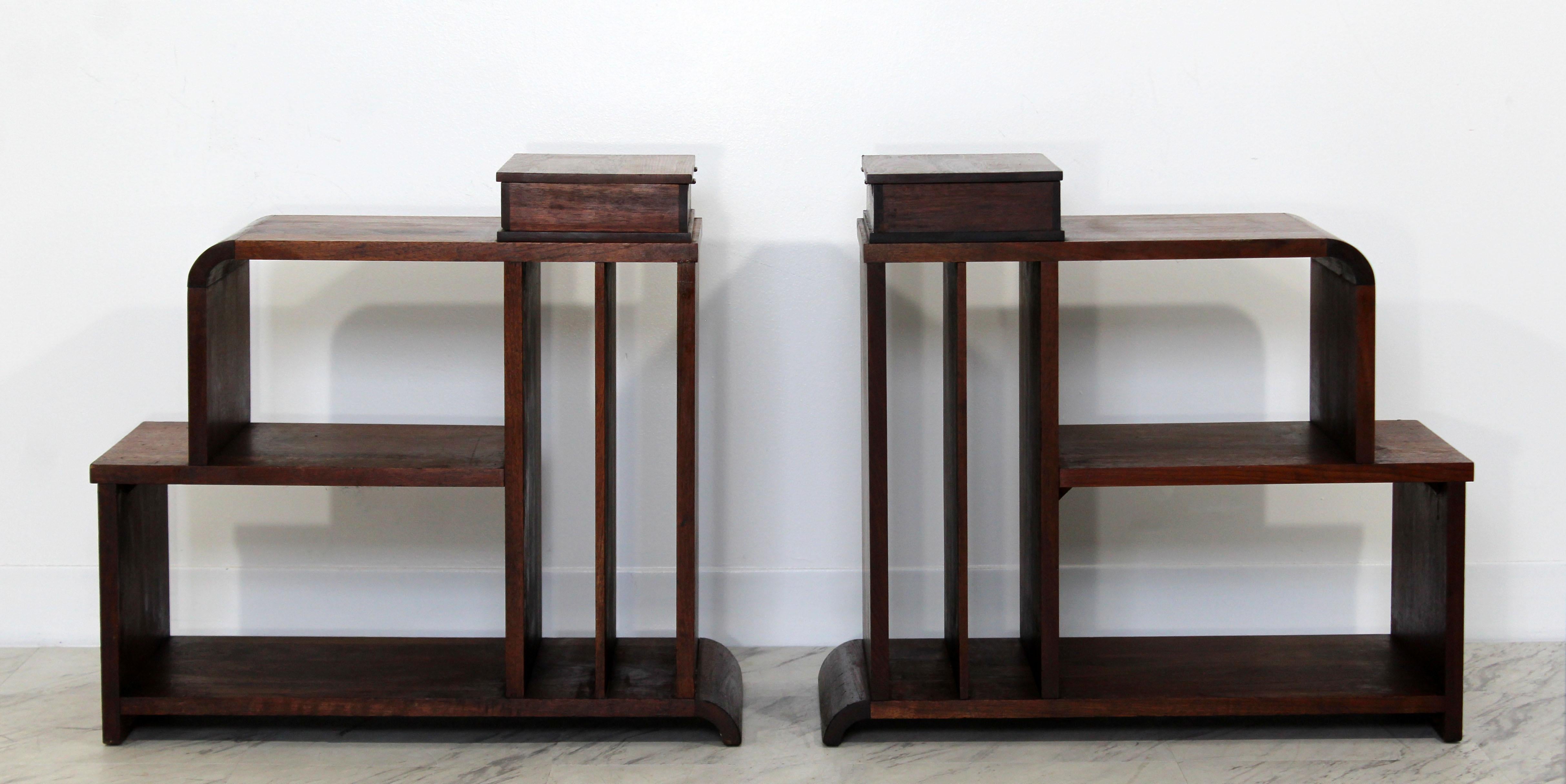For your consideration is a fantastic pair of tiered side or end table, made of walnut and with a lidded box on the top of each, in the style of Donald Desky, Gilbert Rohde or Paul Frankl. In very good condition. The dimensions of each are 12