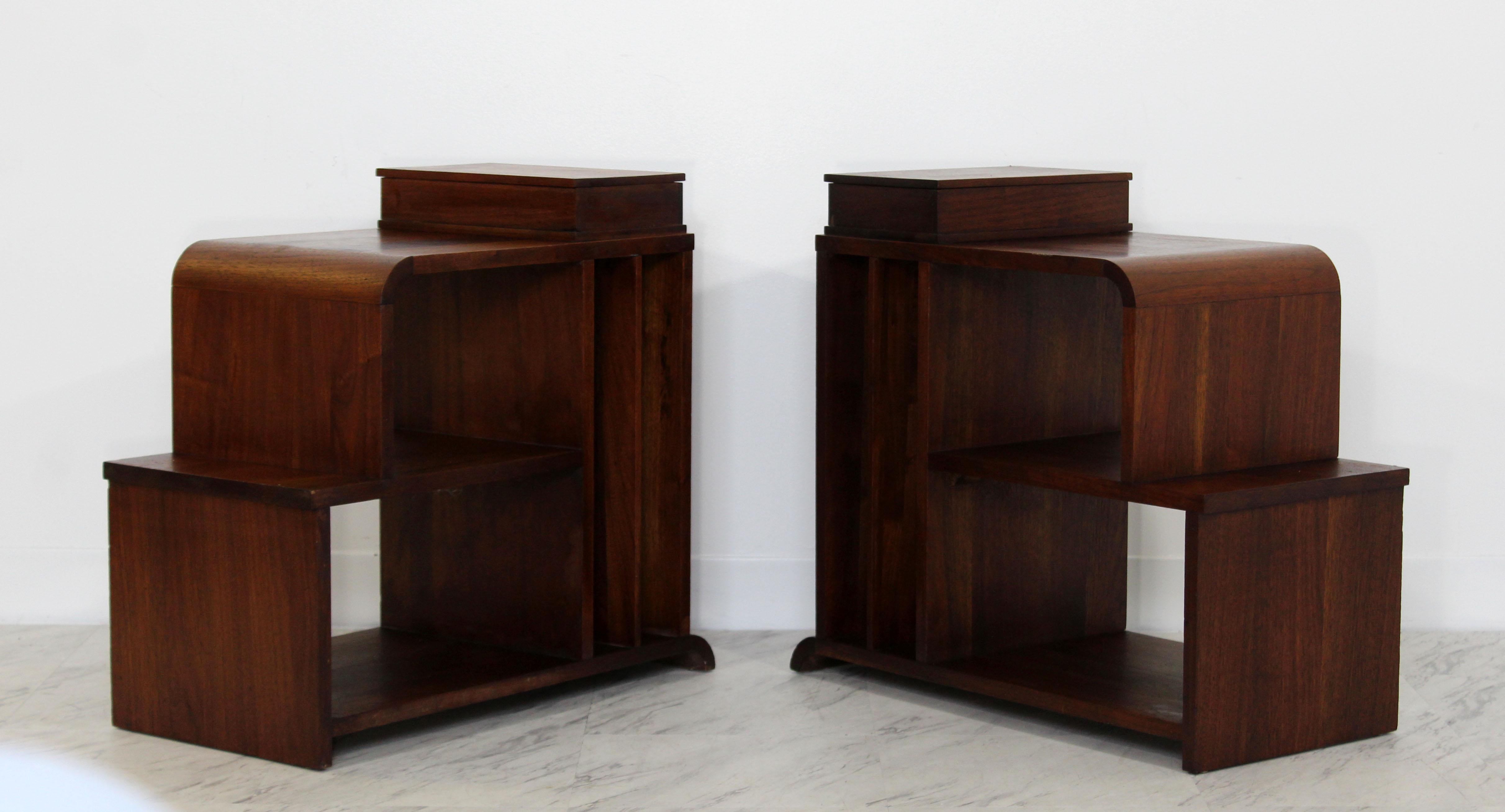 Art Deco Pair of Tiered Walnut Side End Tables Shelves Desky Rohde Frankl Era In Good Condition In Keego Harbor, MI