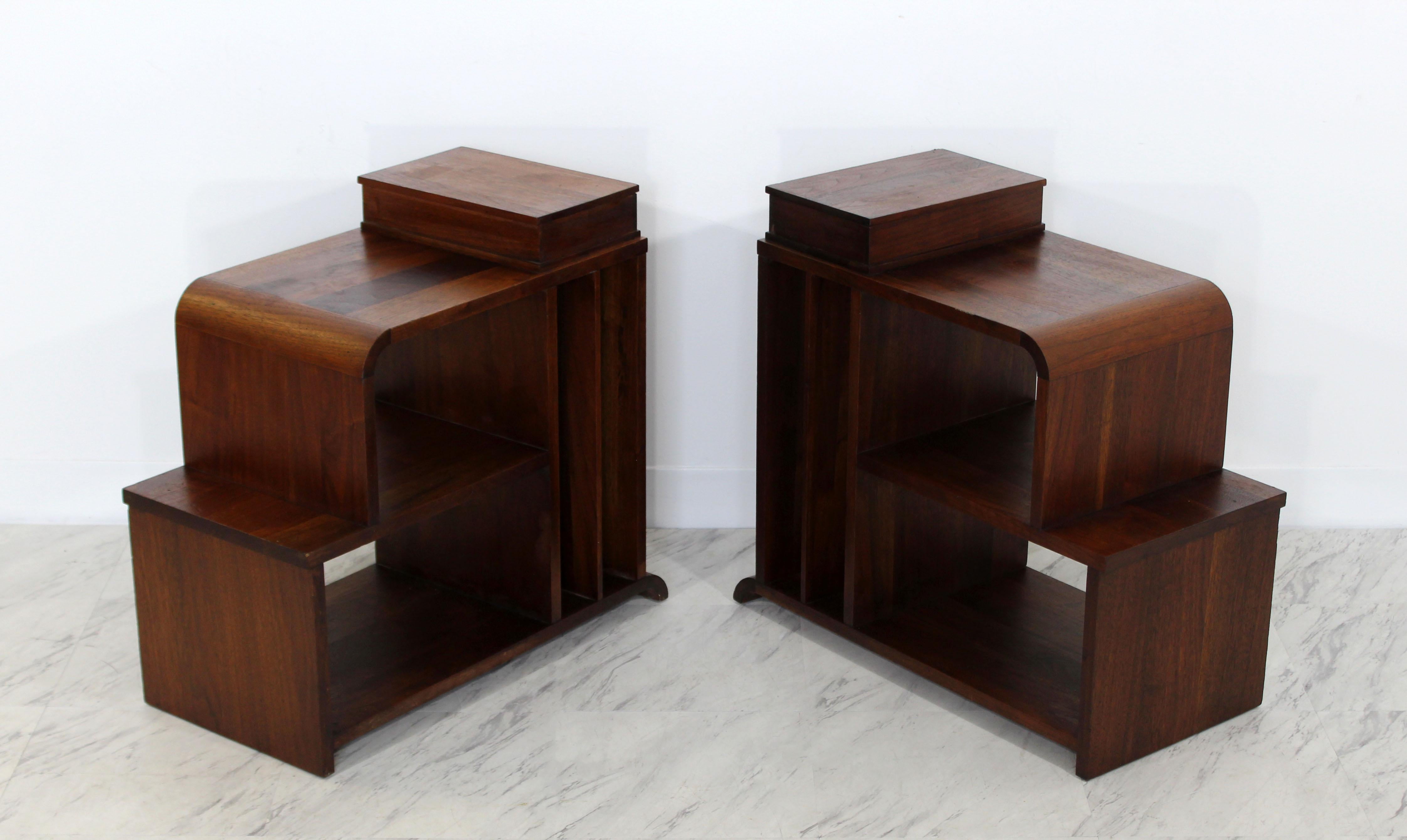 Mid-20th Century Art Deco Pair of Tiered Walnut Side End Tables Shelves Desky Rohde Frankl Era