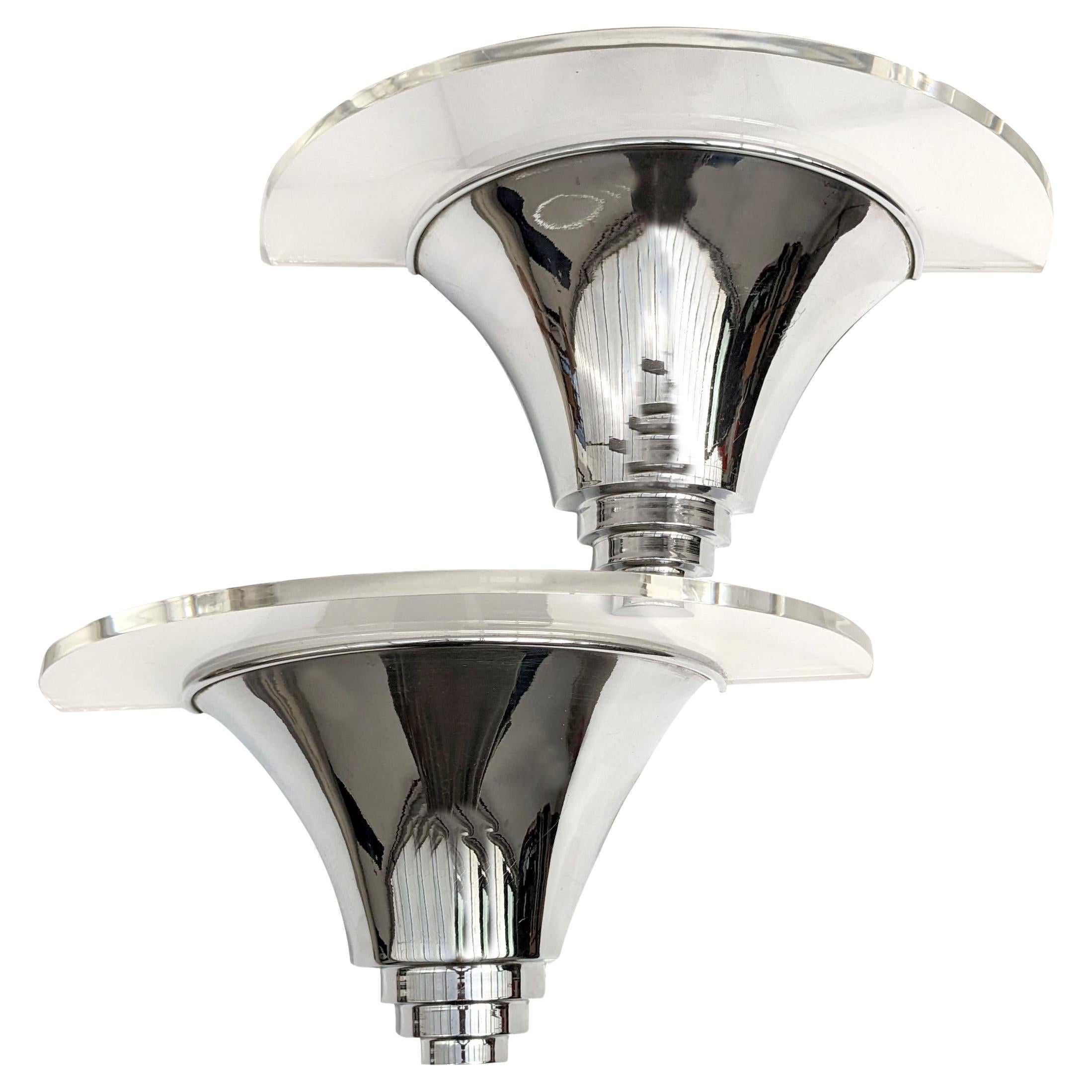 Art Deco Pair of Trumpet Chrome & Acrylic Wall Light Sconces, circa 1930