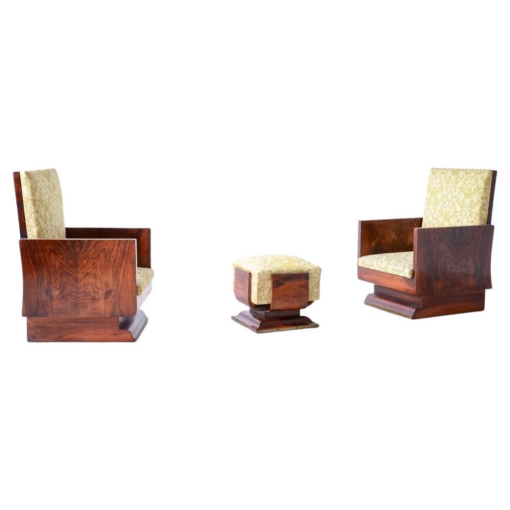 Art Decò pair of tub chairs in wood and wood root