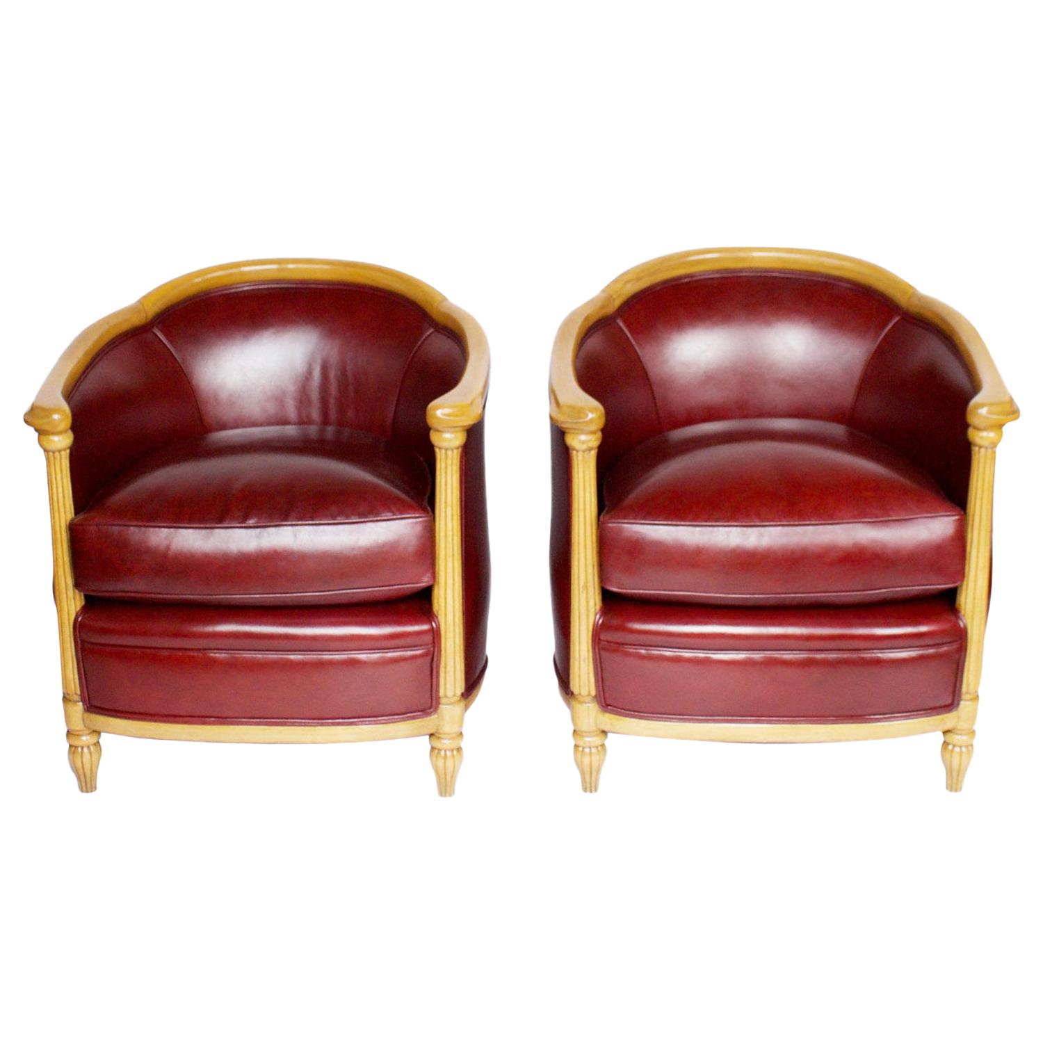 Art Deco Pair of Tub Chairs Upholstered in Red Leather, circa 1930