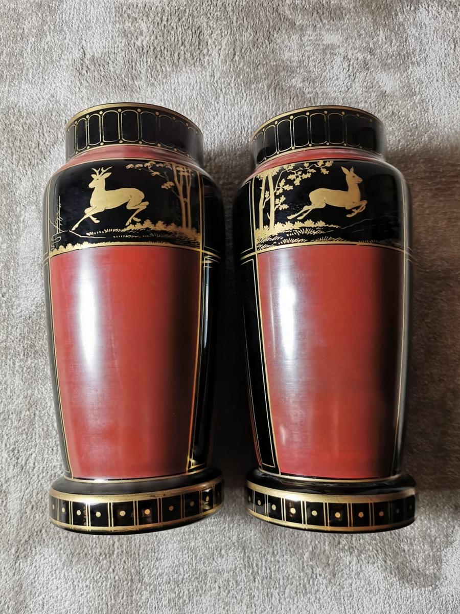 Art Deco Pair of Vases in Polished Black Opaline Hand Painted, France In Good Condition In Prato, Tuscany