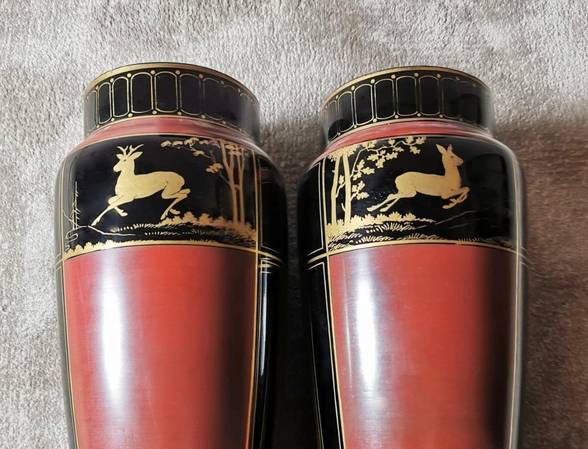 20th Century Art Deco Pair of Vases in Polished Black Opaline Hand Painted, France