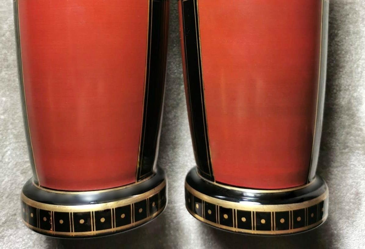 Opaline Glass Art Deco Pair of Vases in Polished Black Opaline Hand Painted, France