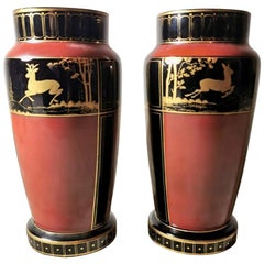 Art Deco Pair of Vases in Polished Black Opaline Hand Painted, France