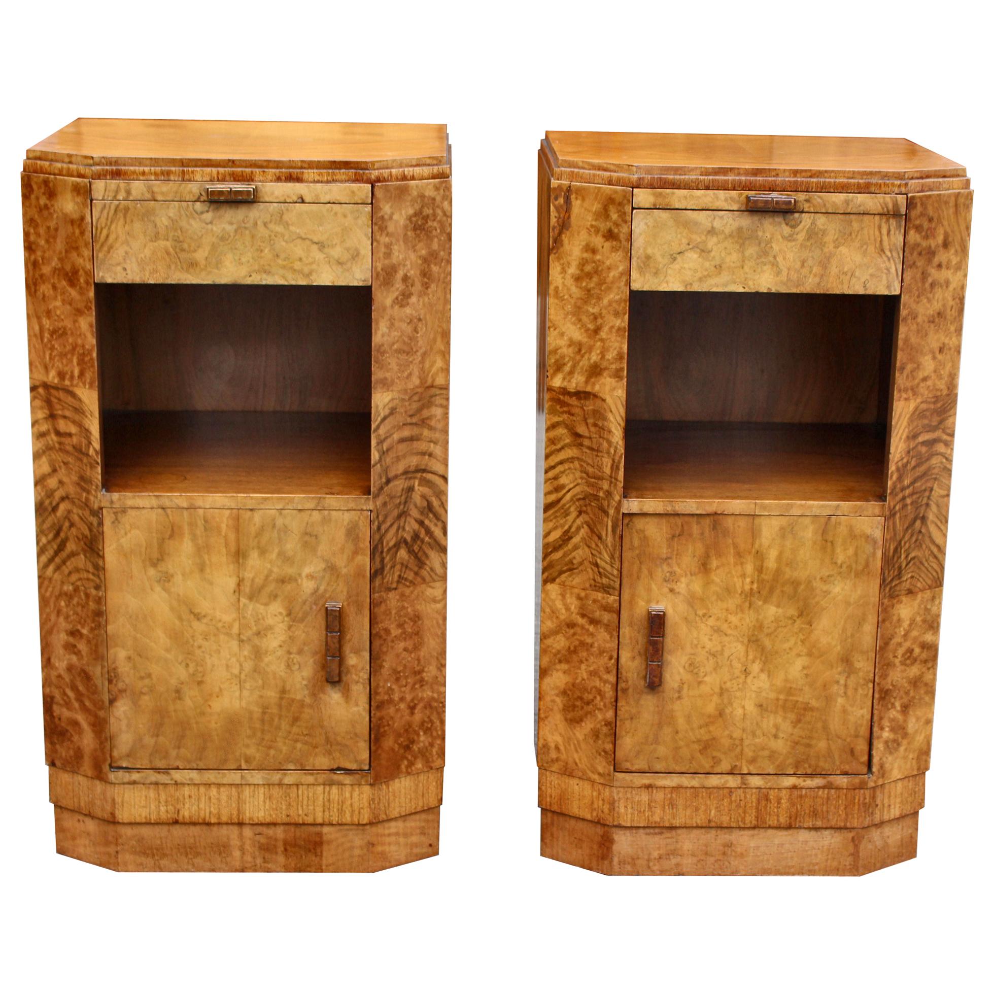 Art Deco Pair of Walnut Bedside Nightstand Tables, England