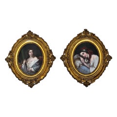 Art Deco Pair of Wood Framed Oil Portraits of Girls by Constant-Joseph Brochart