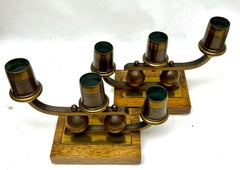 Art Deco Pair of Wooden Base and Brass Candlesticks whit Wooden Details, 1930s