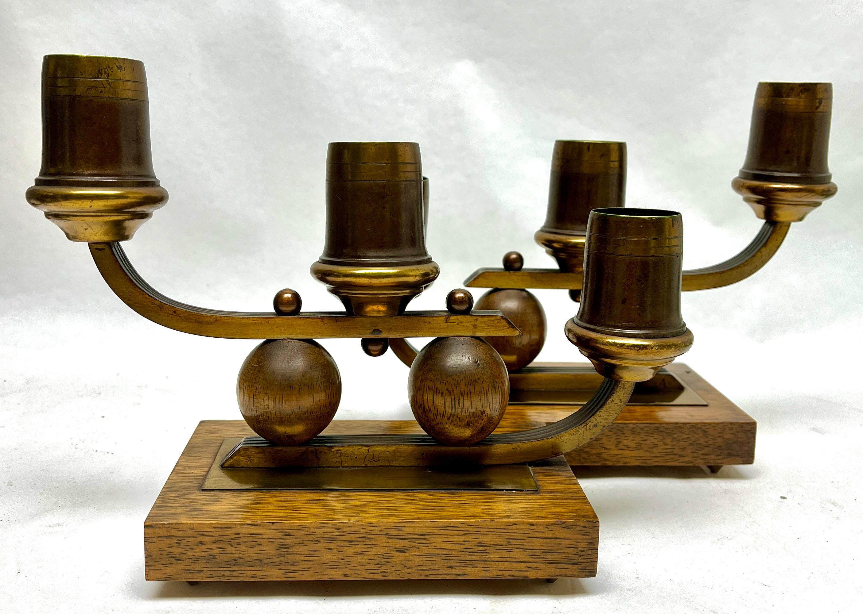 French Art Deco Pair of Wooden Base and Brass Candlesticks whit Wooden Details, 1930s For Sale