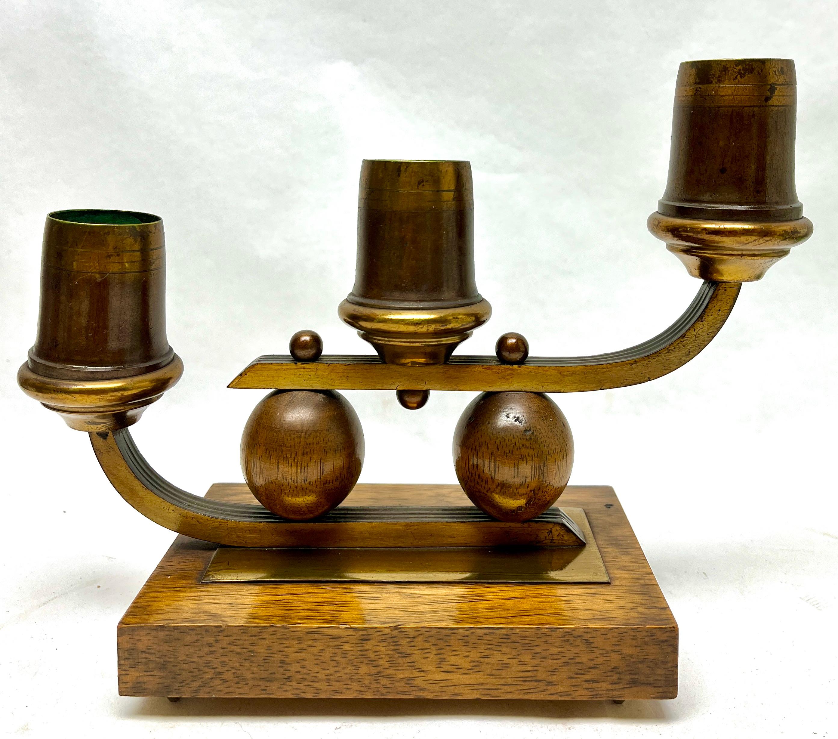 Mid-20th Century Art Deco Pair of Wooden Base and Brass Candlesticks whit Wooden Details, 1930s For Sale