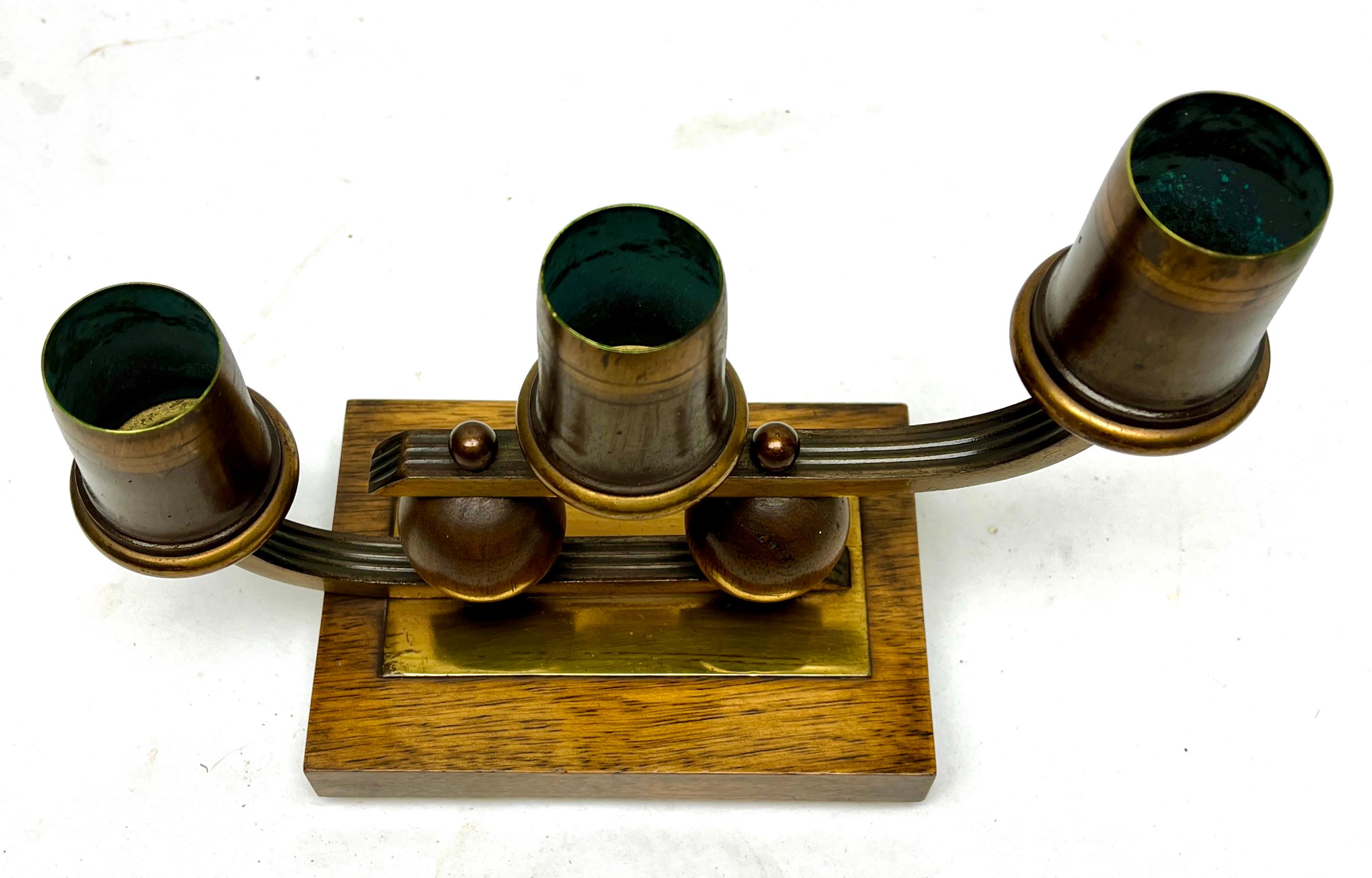 Art Deco Pair of Wooden Base and Brass Candlesticks whit Wooden Details, 1930s For Sale 1