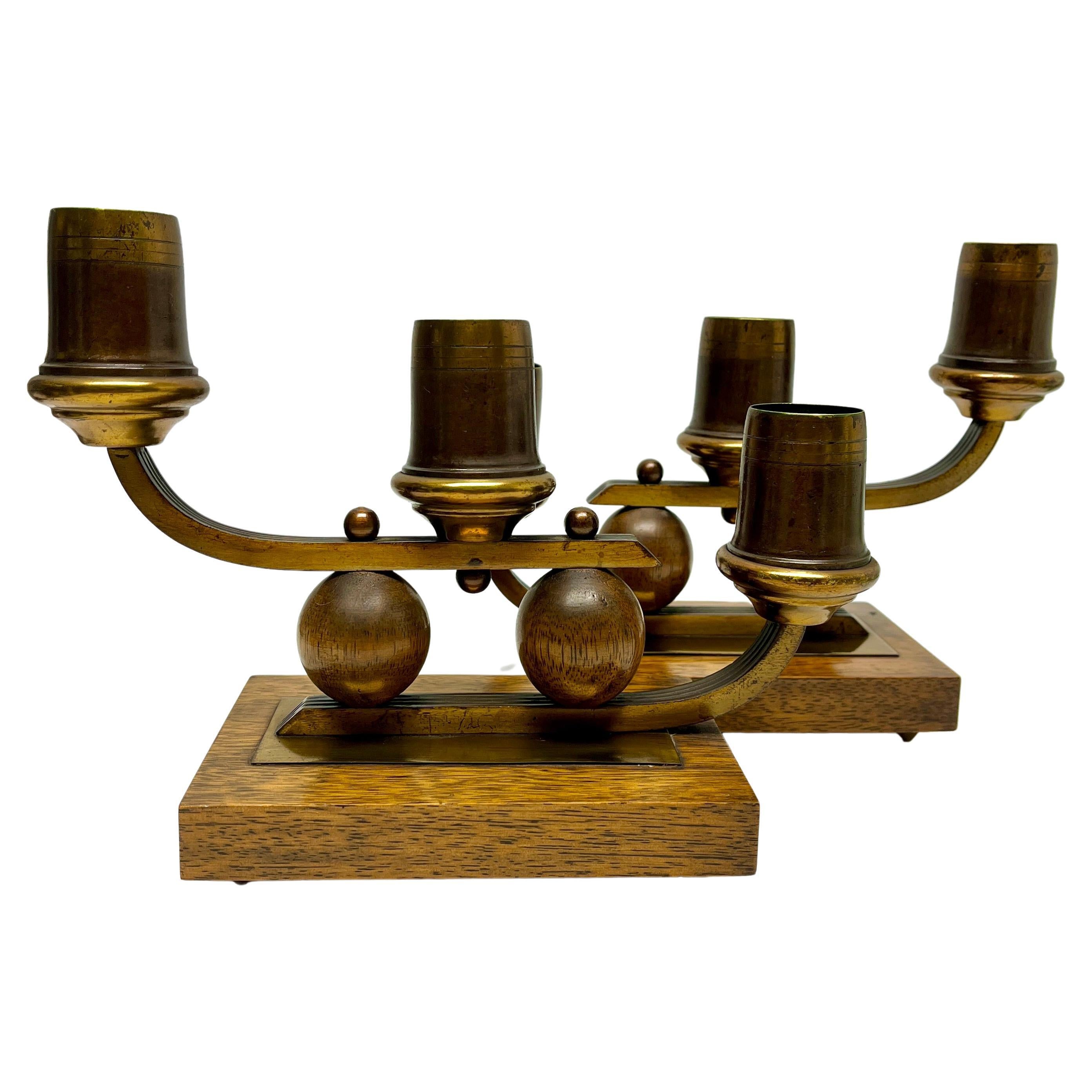 Art Deco Pair of Wooden Base and Brass Candlesticks whit Wooden Details, 1930s For Sale