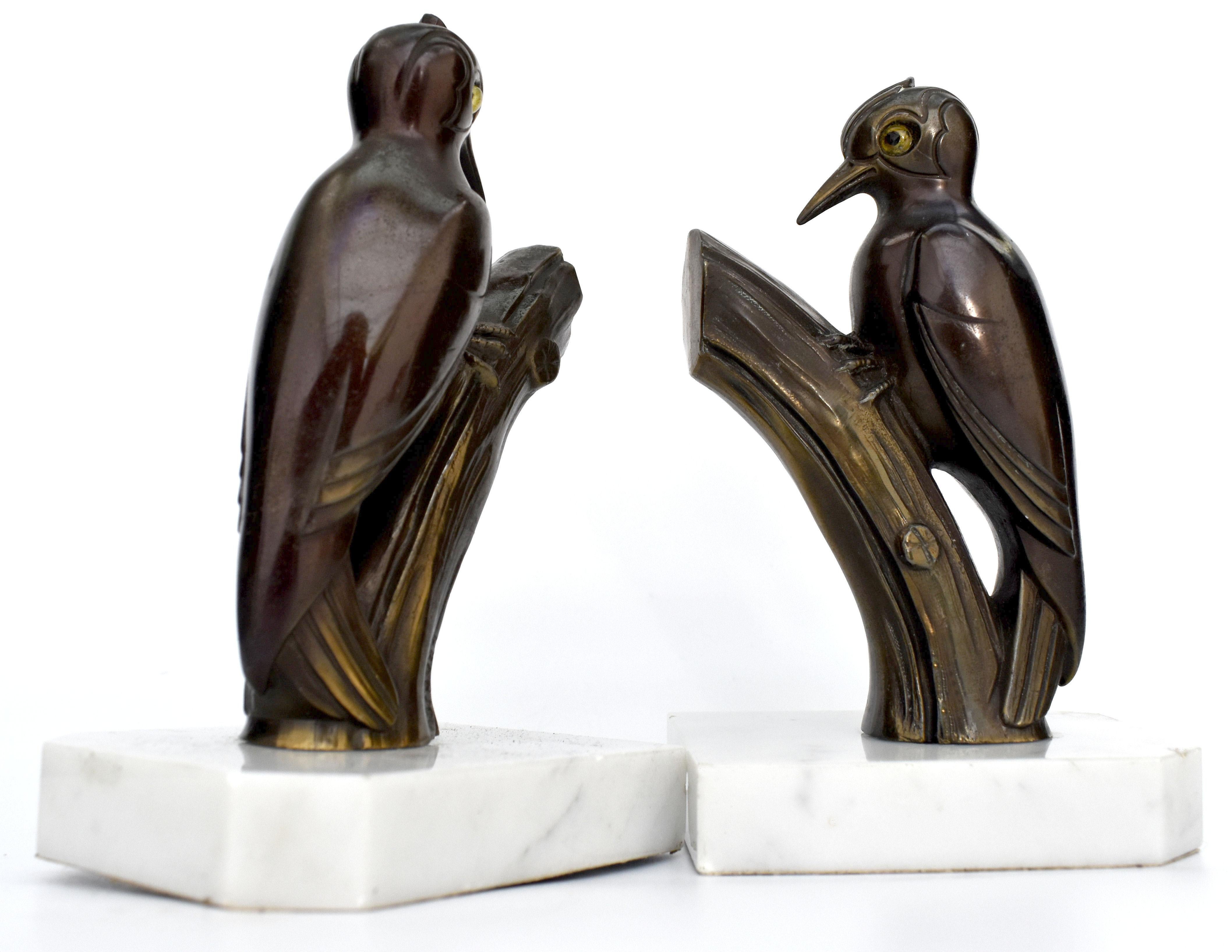 Spelter Art Deco Pair of Woodpecker Bookends, French, C1930 For Sale