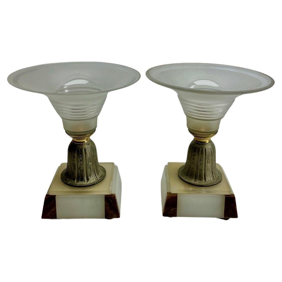 Art Deco Pair Pedestal Bowls with stylized Bronze  on Onyx Plint For Sale