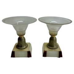 Vintage Art Deco Pair Pedestal Bowls with stylized Bronze  on Onyx Plint