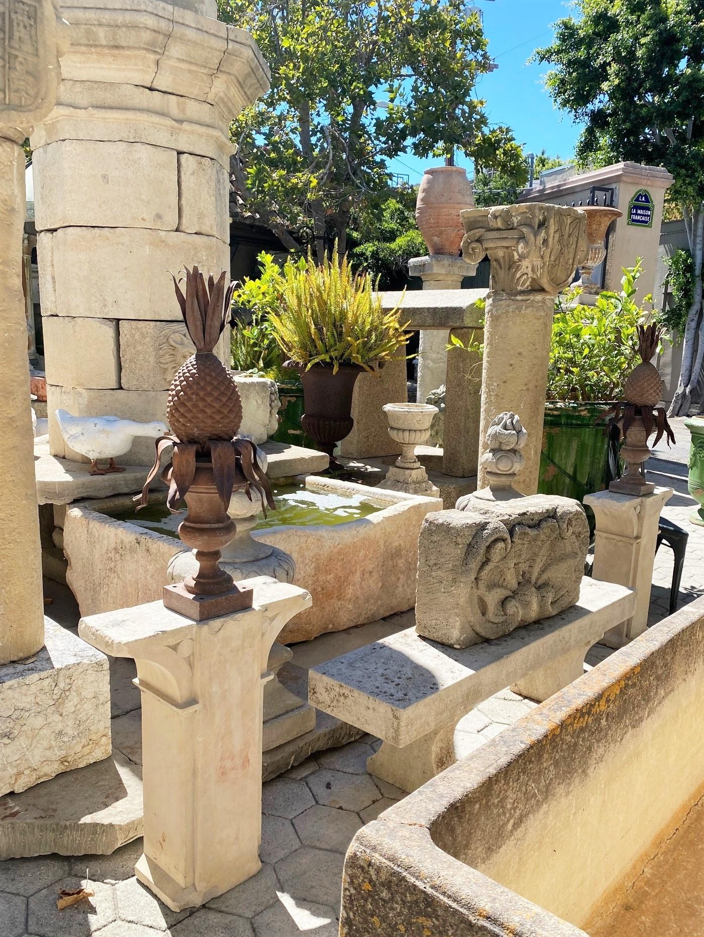 Cast Art Deco Pair Pineapple Antique Decorative Rustic Finials Sculpture Los Angeles For Sale