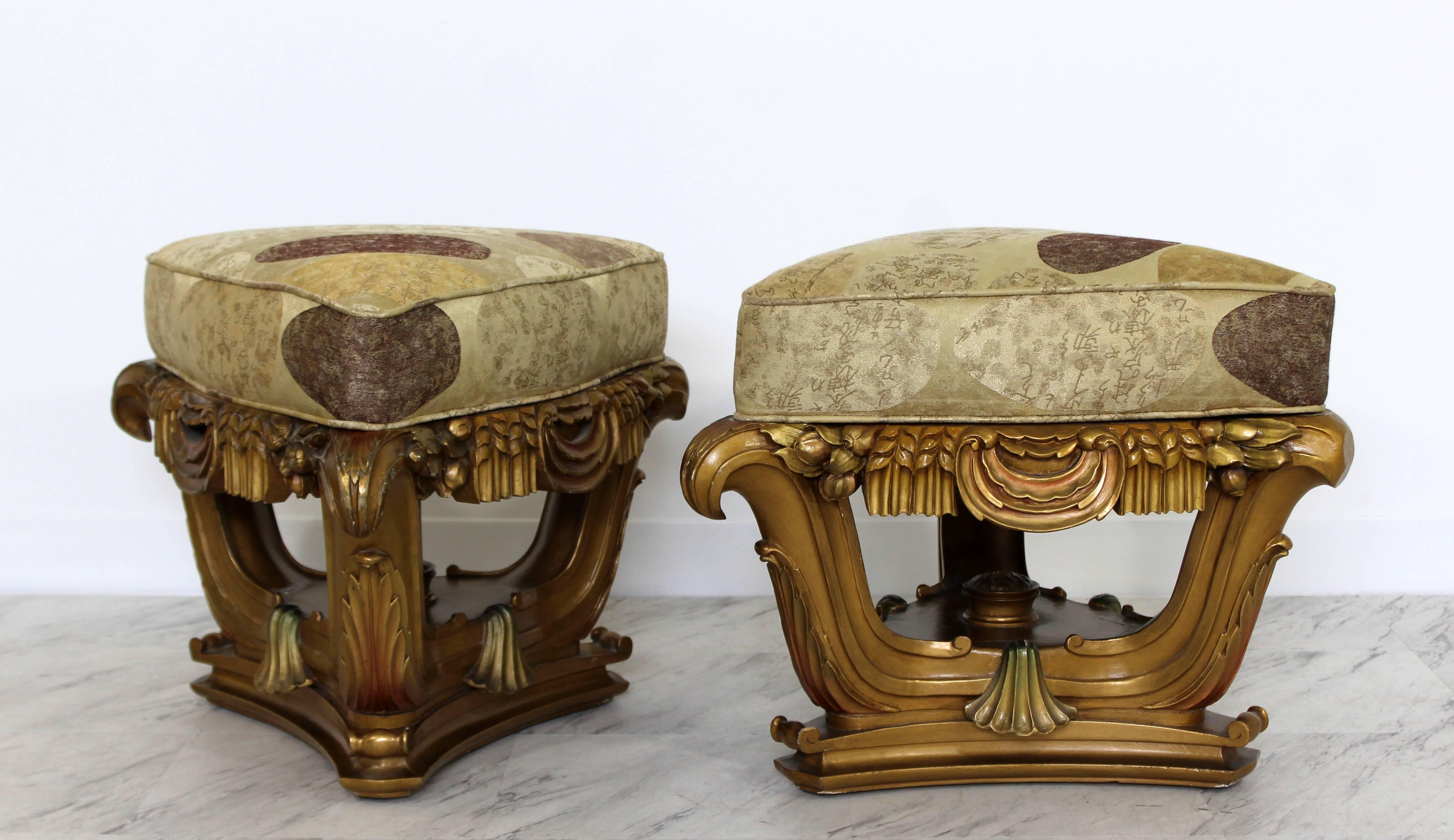 For your consideration is a magnificent pair of Art Deco, Italian, gold gilt tabourets or foot stools, signed on the bottom Mascheroni. Just back from being professionally reupholstered. In excellent condition. The dimensions of each are 23
