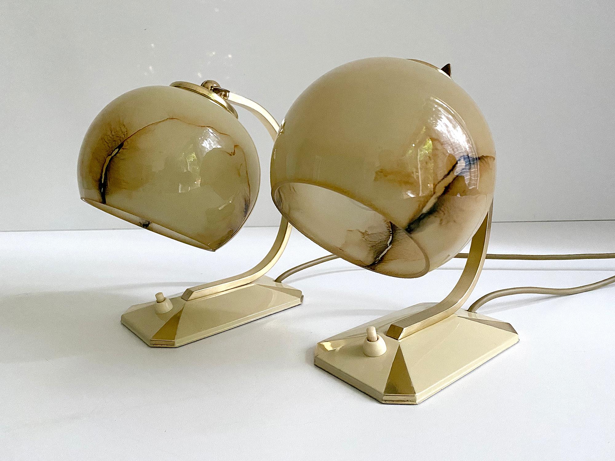 French Pair of 1930s Art Deco Bauhaus Table Lamps Lights, Opaline Marble Glass Brass For Sale