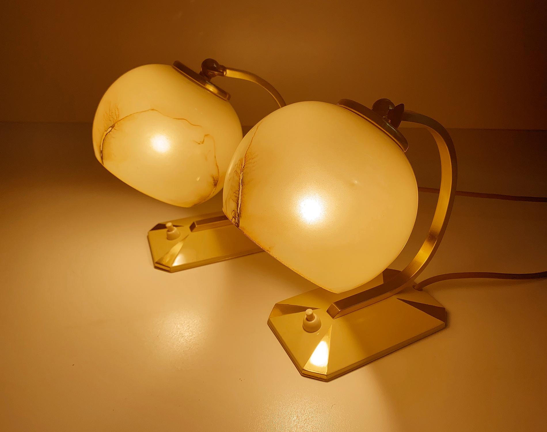 Opaline Glass Pair of 1930s Art Deco Bauhaus Table Lamps Lights, Opaline Marble Glass Brass For Sale