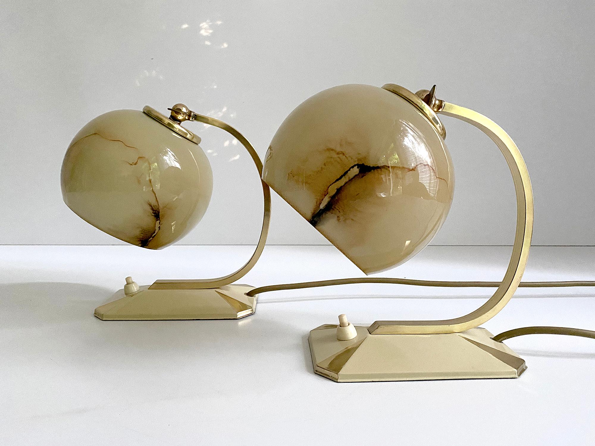 Pair of 1930s Art Deco Bauhaus Table Lamps Lights, Opaline Marble Glass Brass For Sale 1