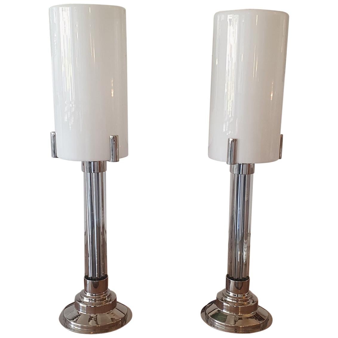Pair of Art Deco lamp with nickel finish and vintage glass.