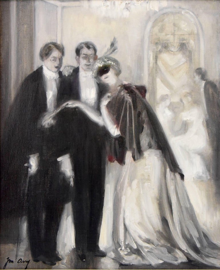 Art Deco Painting 1920s Ball Scene Lady With Mask And Men In