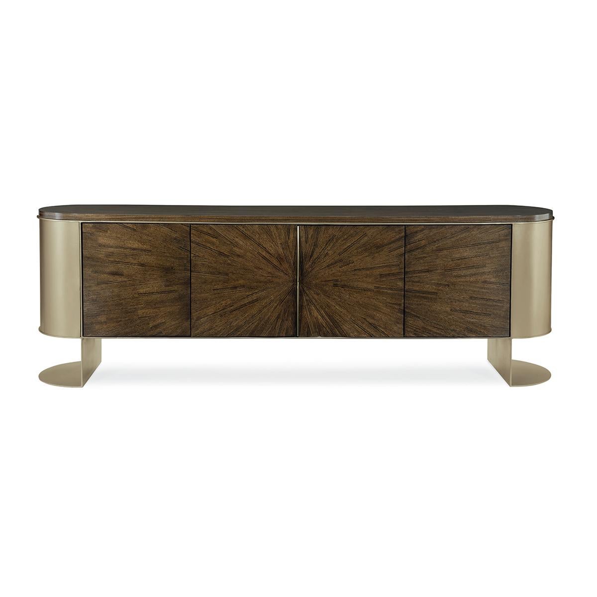Art Deco Paldoa Sideboard, with uncompromising style, this credenza is destined to become a room's focal point. You can’t help but stare at its unforgettably stylish doors crafted of radial matched Paldao veneers. Its metal frame and curved ends