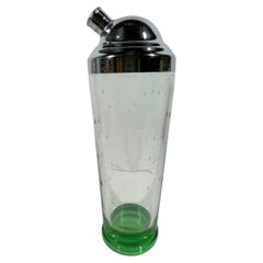 Art Deco Pale Green Glass Cocktail Shaker with Etched Owl and Stars