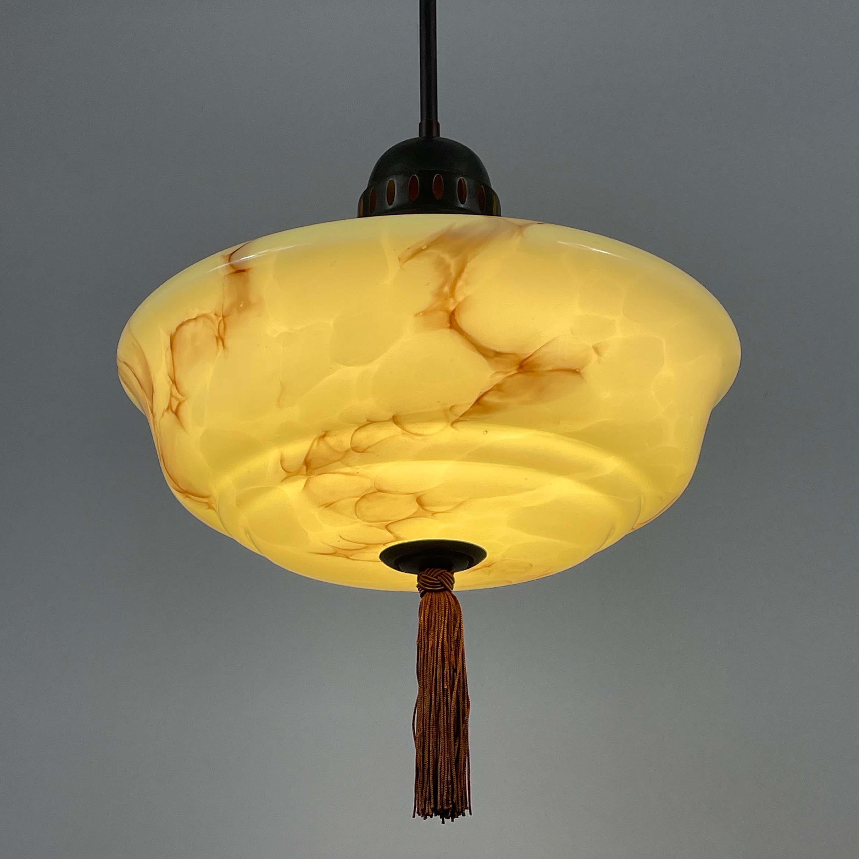 Art Deco Pale Green Marbled Opaline & Brass Pendant with Tassel, Germany 1930s For Sale 5
