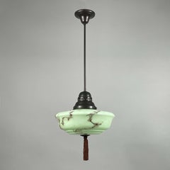 Art Deco Pale Green Marbled Opaline & Brass Pendant with Tassel, Germany 1930s