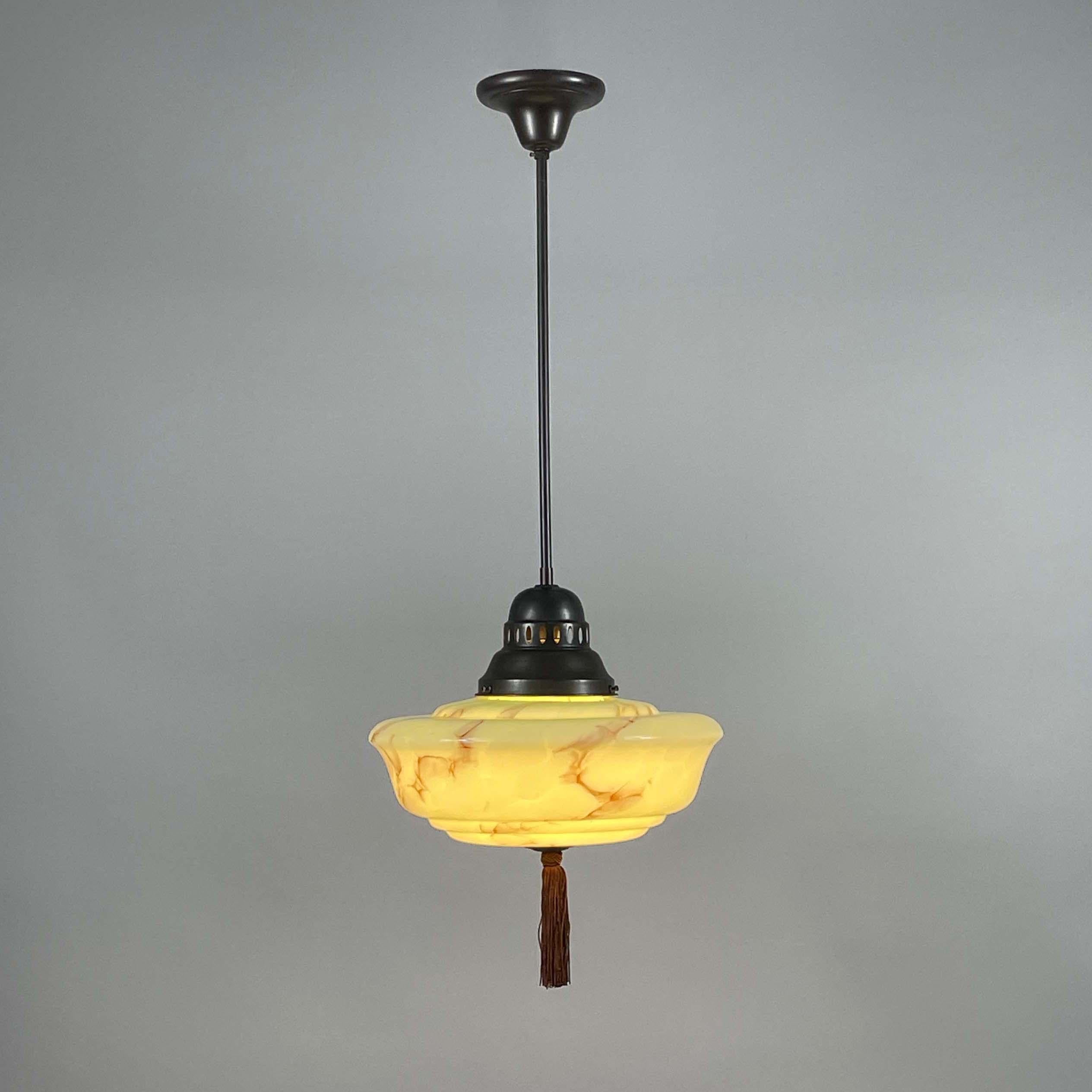 Burnished Art Deco Pale Green Marbled Opaline & Brass Pendant with Tassel, Germany 1930s For Sale