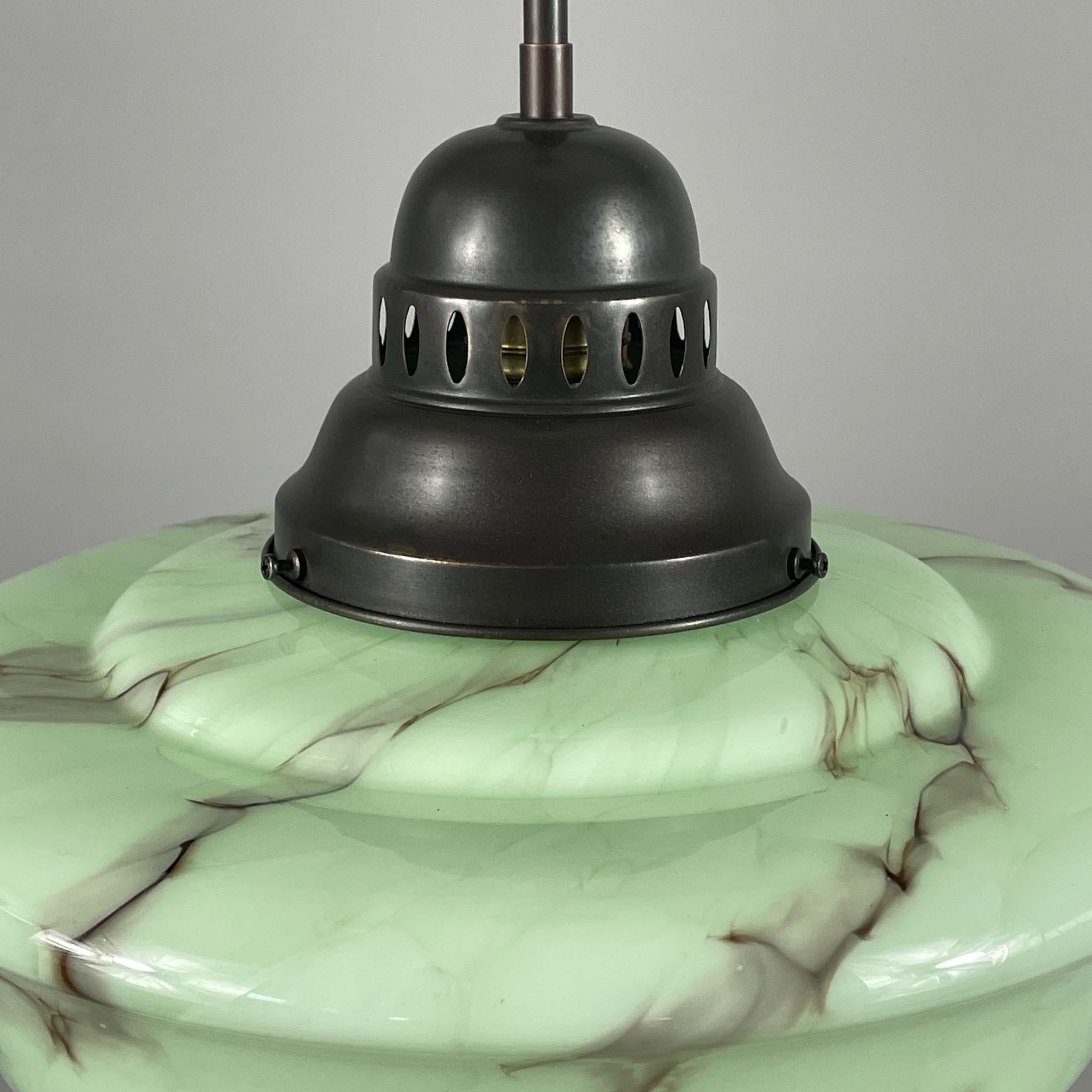 Art Deco Pale Green Marbled Opaline & Brass Pendant with Tassel, Germany 1930s In Good Condition For Sale In NUEMBRECHT, NRW