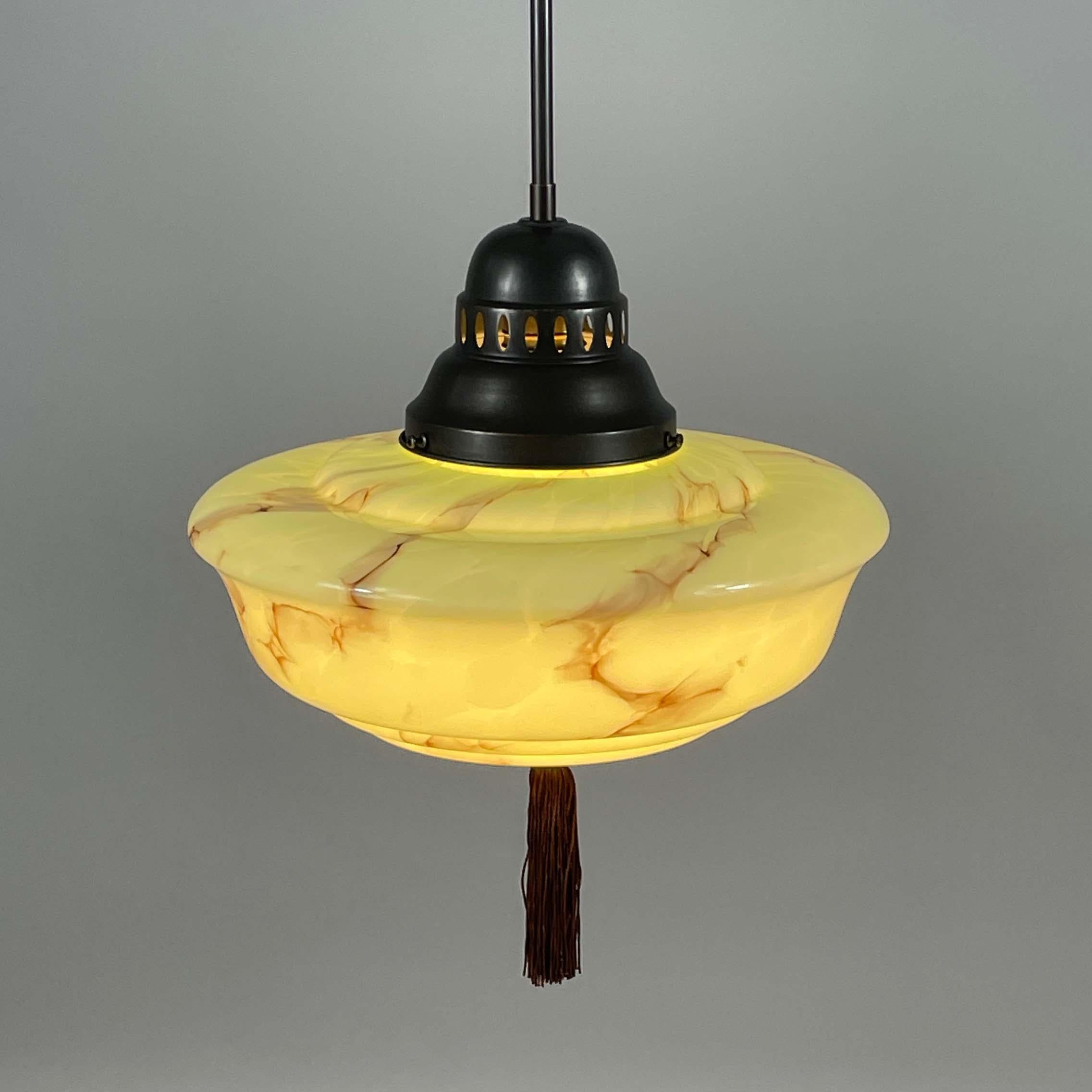 Mid-20th Century Art Deco Pale Green Marbled Opaline & Brass Pendant with Tassel, Germany 1930s For Sale