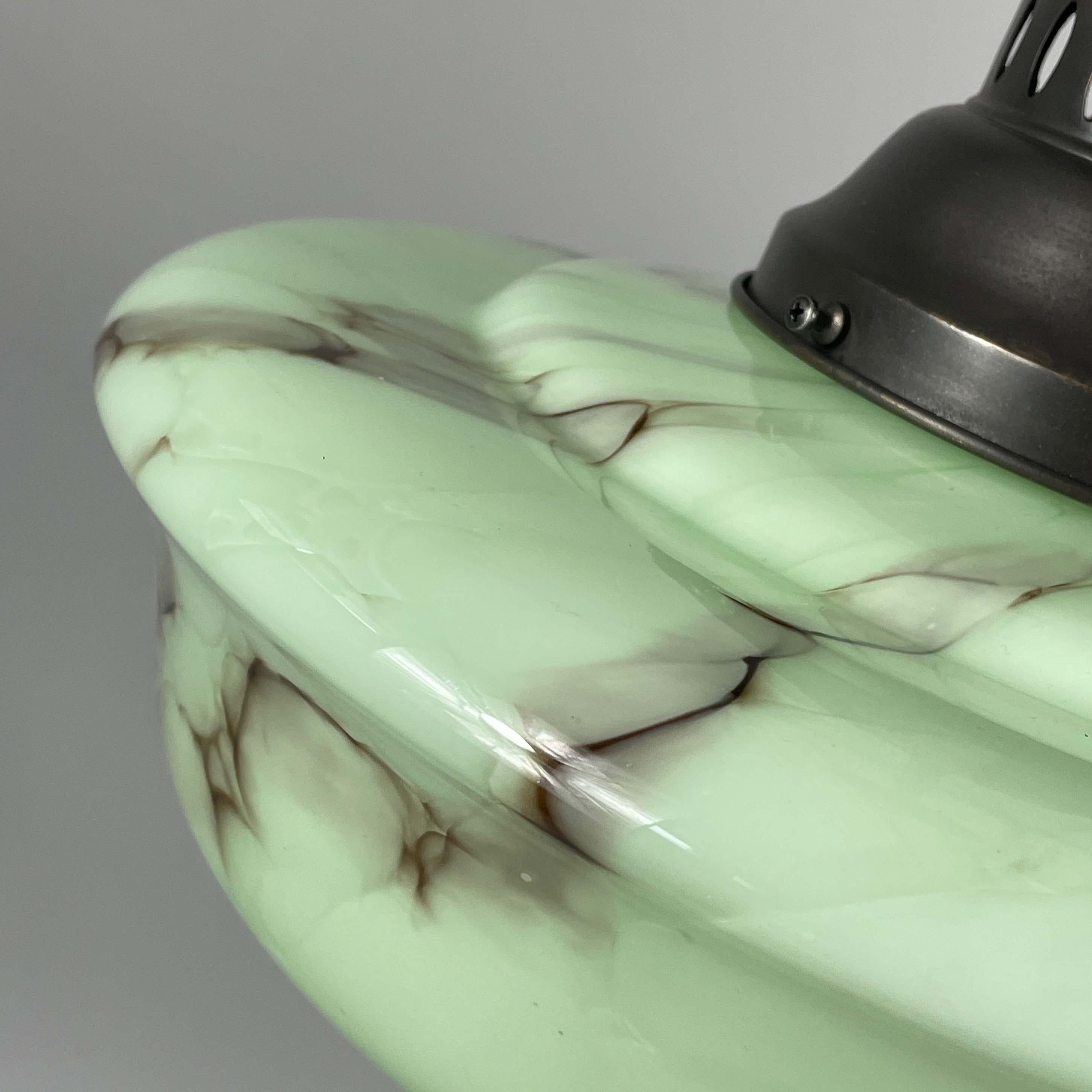 Art Deco Pale Green Marbled Opaline & Brass Pendant with Tassel, Germany 1930s For Sale 1
