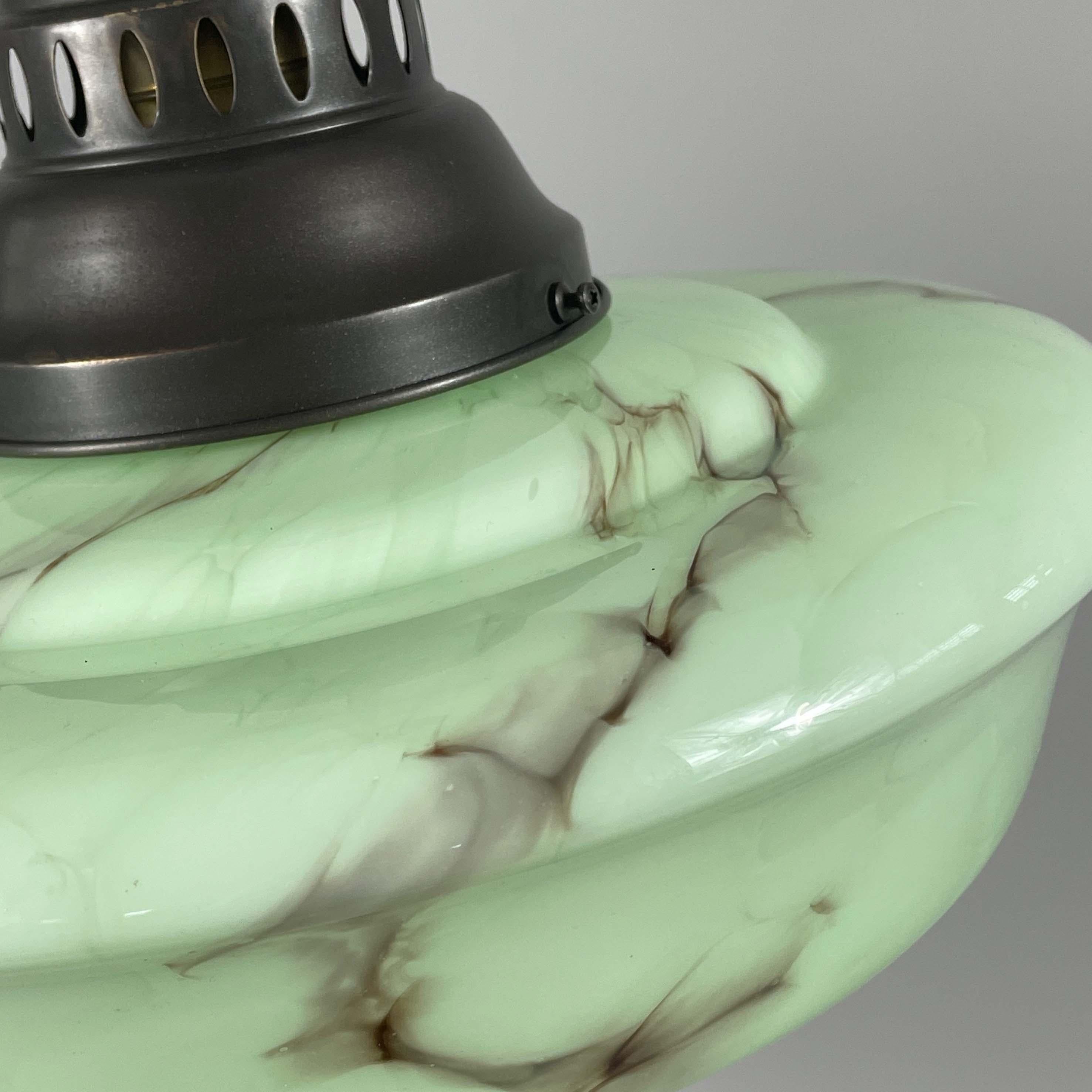 Art Deco Pale Green Marbled Opaline & Brass Pendant with Tassel, Germany 1930s For Sale 2